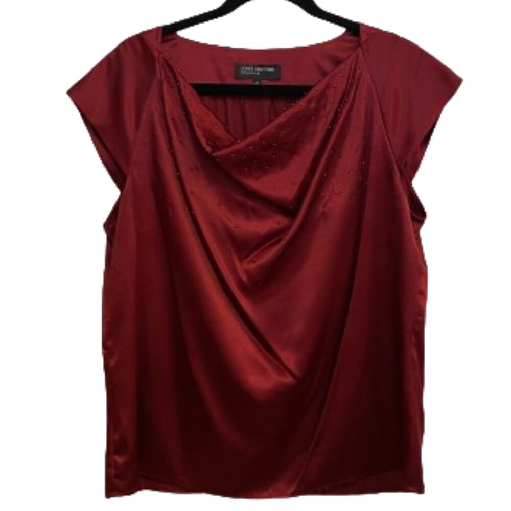 Jones New York Ruby Red Cowl Neck Blouse size 14 with Beading Detail